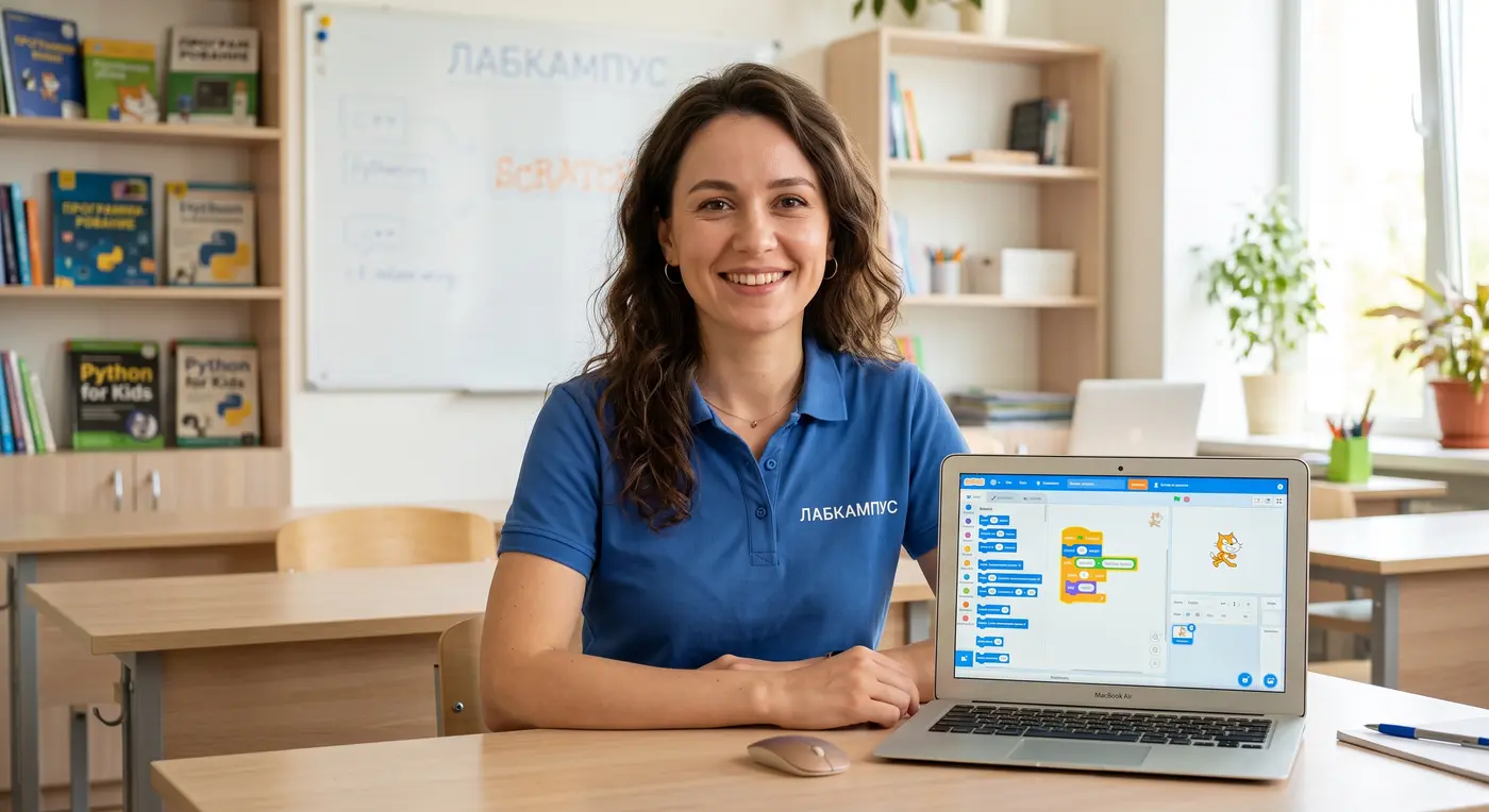 Наставник по программированию рядом с проектом Scratch